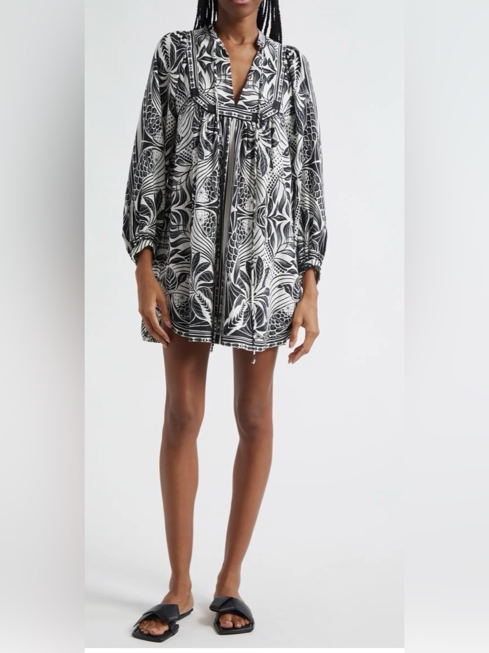 FARM Rio Monochrome Elegance Print Long Sleeve Linen Blend Minidress size XS